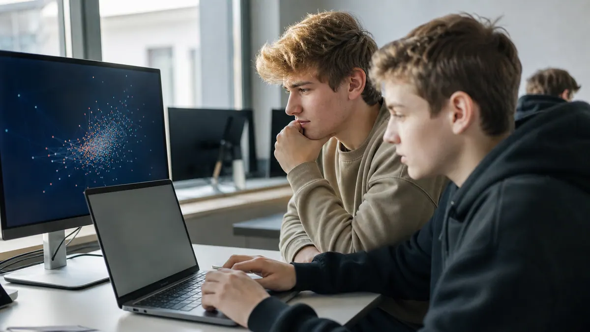 Mladi programeri zajedno analiziraju podatke za Python i AI projekat