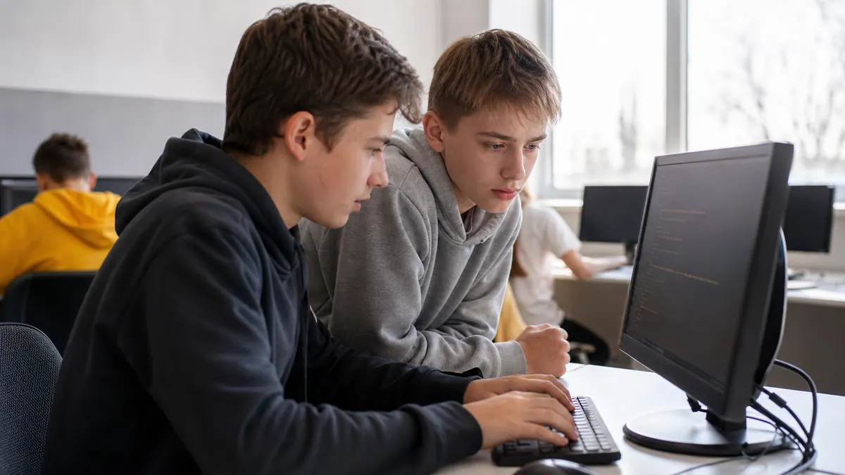 Tinejdžeri u učionici zajedno rade Python projekat