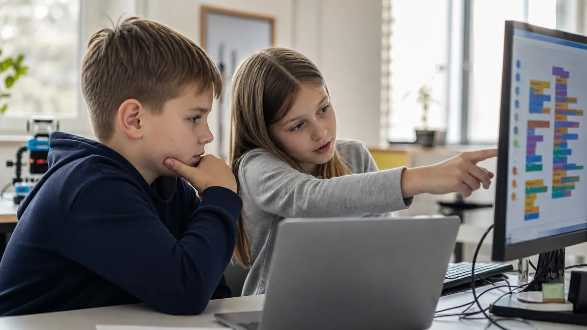 Djeca u učionici zajedno rade prvi projekat u vizuelnom programiranju
